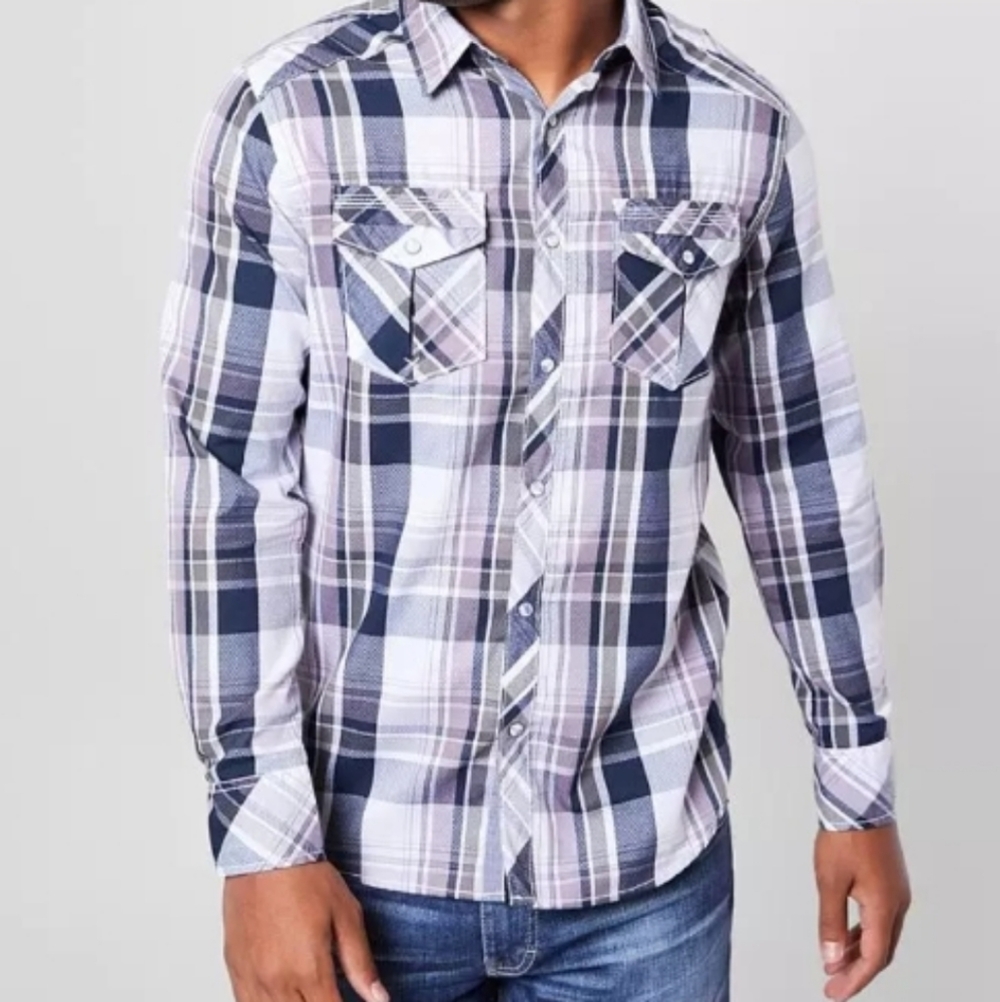 BKE (Size M) Men's Multicolored Plaid Pearl Snap Button Down Front LS Shirt- NEW